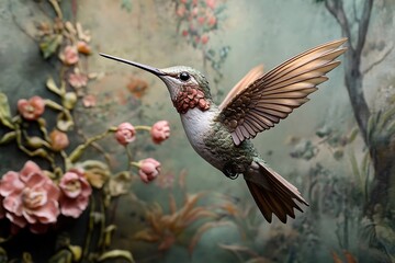 Fototapeta premium A detailed sculpture of a hummingbird hovering near pink flowers against a painted backdrop.