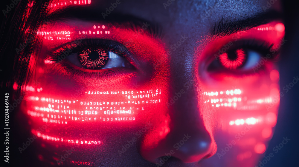 Poster close view of an eye with neon red data streams reflecting in it, symbolizing the intersection of te