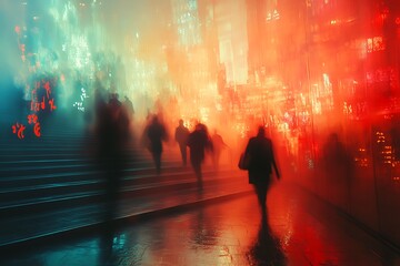 Obraz premium Silhouettes of people in a futuristic city with vibrant lights.