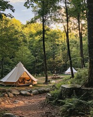 A peaceful eco-friendly camping site in the heart of the forest, with tents made from sustainable materials, solar-powered lanterns, and minimal-impact setup, surrounded by towering trees and nature