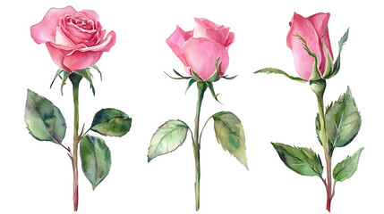 Fototapeta premium Elegant Watercolor Rose Set with Hand-Painted Pink Flowers on white background.
