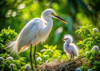 Fototapeta premium A Little White Egret gracefully displays its elegance while nurturing a hatchling, creating a stunning moment that captures nature's beauty and the bond of wildlife.