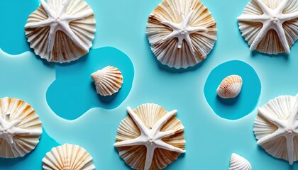 A delightful display of white seashells on a pastel blue surface, capturing the spirit of summer and the carefree vibe of beach getaways, inviting relaxation and peace, Generative AI