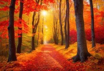 Fototapeta premium vibrant autumn foliage glowing sunlight along scenic forest pathways surrounded colorful trees bright leaves, colors, nature, scenery, woods, landscape, canopy