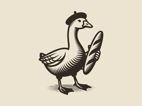 A goose in a beret holds a baguette in his hand. Vintage engraving vector illustration, emblem, logo, print