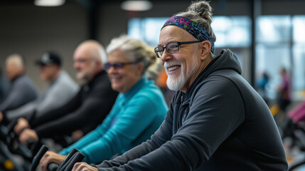 A senior couple cycling on stationary bikes in a community fitness center, smiling at each other with a sense of achievement. Around them, other elderly participants are pedaling,