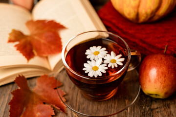 Autumn composition, tea, pumpkins, candle on the table. Autumn comfort at home