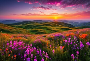Fototapeta premium stunning sunrise over vibrant fields lush green rolling hills illuminated soft morning light, landscape, illumination, corn, flowers, grass, beauty, nature