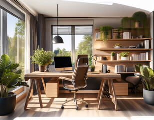 Close-Up Depiction of a Home Office Setup, Featuring Ergonomic Furniture, Productivity Tools, and Comfortable Work Environment