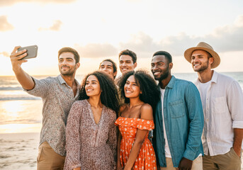 Diverse group of friends enjoying a beach sunset together