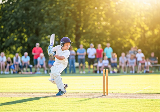 Young boy playing cricket in summer sunshine: dynamic action shot capturing energy and fun