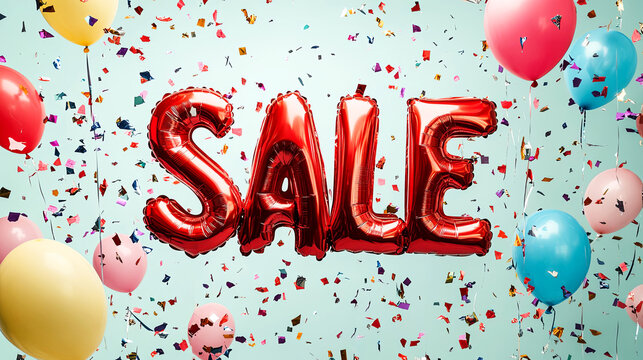 Celebrate big savings with eye-catching red balloon letters spelling "SALE" amid colorful confetti