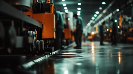 A dark, blurred factory floor with faint outlines of workers and industrial machines. The lack of clarity in the scene suggests the secretive, oppressive conditions of illegal labo