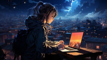 Window view of a city at night. Lofi, anime, manga style. Desk to study. Chill, cozy, comfortable room. Messy place. Relaxed colorful appartment, tranquil digital painting. 4k wallpaper, background.