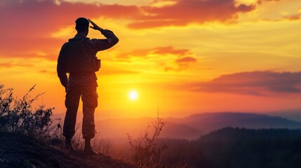 Fototapeta premium soldier's silhouette, muscles tense and face determined,