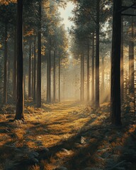 Obraz premium A cinematic wide-angle view of a dense forest, with golden sunlight streaming through the tall trees, casting long shadows on the forest floor and creating an ethereal, dreamlike atmosphere