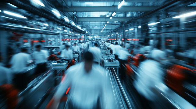 A blurred view of a crowded factory floor, where workers are indistinguishable from the machinery they operate. The oppressive lighting and faint outlines suggest the illegal, expl