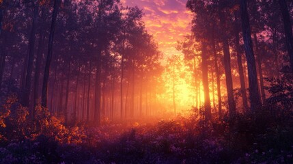 A cinematic forest scene at sunset, with the golden light illuminating the treetops and the forest floor, as the sky transitions to deep purples and oranges, creating a breathtaking contrast of colors