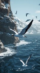 A serene coastal scene with seagulls flying over a turbulent ocean and rocky cliffs.
