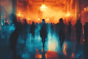Silhouettes of people dancing in a vibrant and energetic nightclub atmosphere.