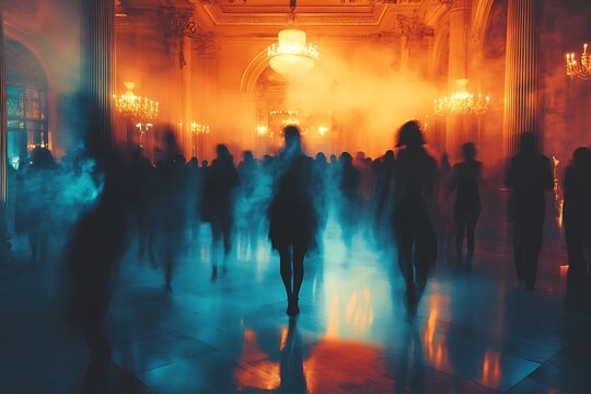 Silhouettes of people dancing in a vibrant and energetic nightclub atmosphere.
