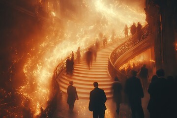 A grand staircase engulfed in swirling fire, with blurred figures ascending and descending.