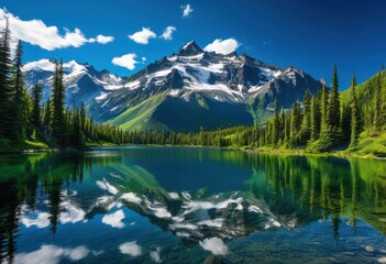 majestic peaks mirroring crystal clear lake waters under bright blue sky surrounded lush greenery serene atmosphere, adventure, beauty, calm, clouds, color