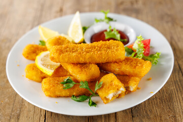 Plate of fried fish sticks with dipping sauce