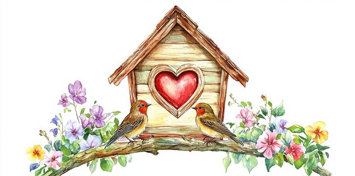 watercolor birds, birdhouse, flowers, love, branch clip art preview