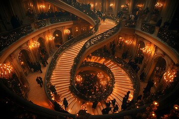 Obraz premium A grand spiral staircase illuminated by warm lights, bustling with elegantly dressed people.