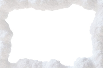 Snow-covered frame with empty space in the middle, on transparent background. Cut out snowy border. Perfect for framing winter or holiday-themed designs, creating frosty, seasonal atmosphere. 3D.