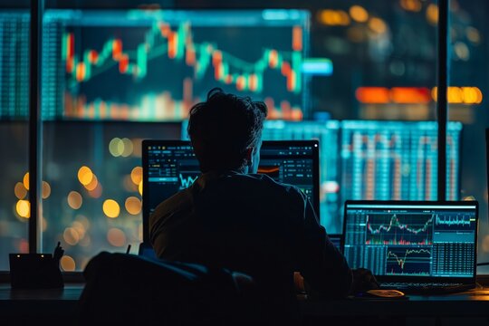 Stock market trader analyzing charts on multiple computer screens at night