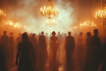 A lone woman in a dress walking through a smoky ballroom filled with silhouetted people.