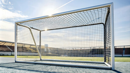 A soccer ball sits in front of an empty soccer goal.**