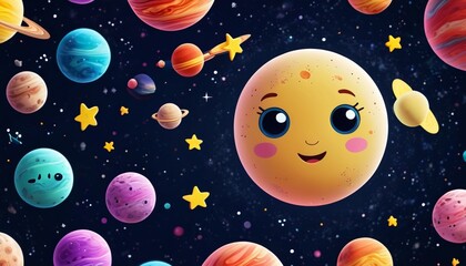 An adorable seamless design with playful planets and twinkling stars, perfect for children's products, capturing the wonder of the cosmos in vibrant colors, Generative AI