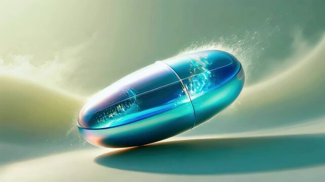 Close-up of a blue capsule pill with water splashing inside.