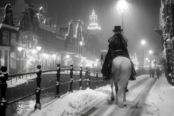 Snowy night scene of a man riding a horse on a snowy street