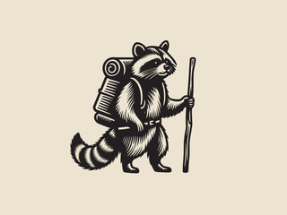 raccoon traveler with a backpack. Hiker and conqueror of peaks. Black engraving vector emblem, icon, logo, illustration, print © Victoria