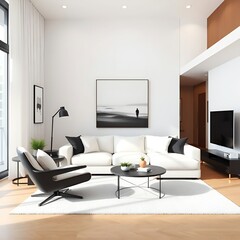 Modern living room with a white sofa, black armchair, and round coffee table on a white rug. A floor lamp is next to the sofa, and a large landscape painting hangs on the wall. TV on a stand