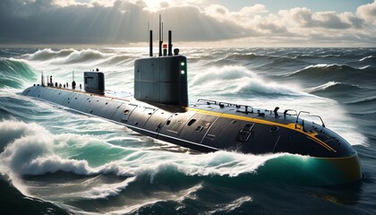 Fototapeta premium A powerful nuclear submarine navigating the open sea, featuring cutting-edge design and technology, set against a backdrop of waves and sunlight, Generative AI