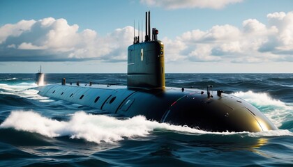 Fototapeta premium A modern nuclear submarine operating stealthily beneath the waves, representing the pinnacle of marine technology and strategic defense, Generative AI