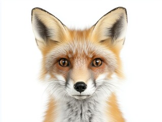 Fototapeta premium This captivating portrait features a red fox in a close-up shot, showcasing its majestic gaze and vibrant fur against a clean white background