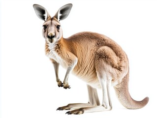 Fototapeta premium This artwork showcases a kangaroo in a standing position, highlighting its muscular build and large ears, creating a lifelike depiction of an iconic Australian animal, isolated on a white background