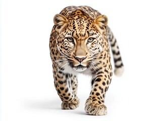 Fototapeta premium A cheetah marches forward with poise, isolated against a white background. Its focused eyes and sleek body epitomize the beauty and strength of this renowned predator.