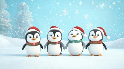 Adorable penguins in festive attire on a snowy holiday backdrop, Customize your penguin group party