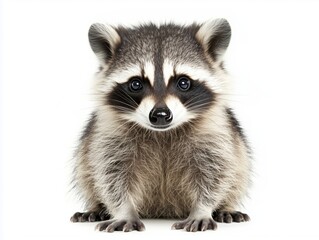 This delightful portrait captures a full-body view of a raccoon sitting against a crisp white background. Its majestic gaze and playful demeanor highlight its mischievous personality.