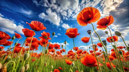 Obraz premium Field of blooming poppies under bright cloudless sky