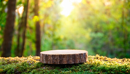 Fototapeta premium product podium in nature outdoors forest blurred green background. natural product placement, pedestal stand display, spring or summer cosmetics concept
