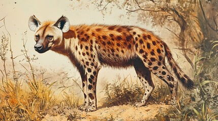 A detailed illustration of a spotted hyena in a natural setting.