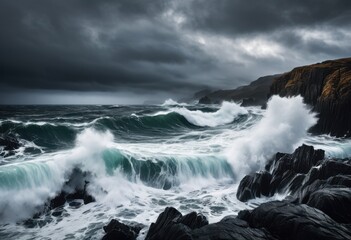 Obraz premium dramatic seascape erupting waves mysterious rocky cliffs under gloomy sky, rocks, ocean, coast, shore, foam, energy, texture, horizon, water, storm